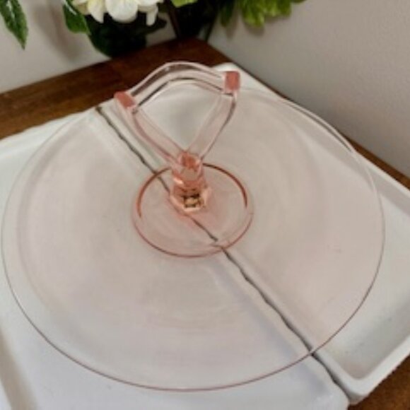 Pink Depression Glass Sandwich Plate – Vintage Handled Serving Tray 1930s Plain - Picture 3 of 5
